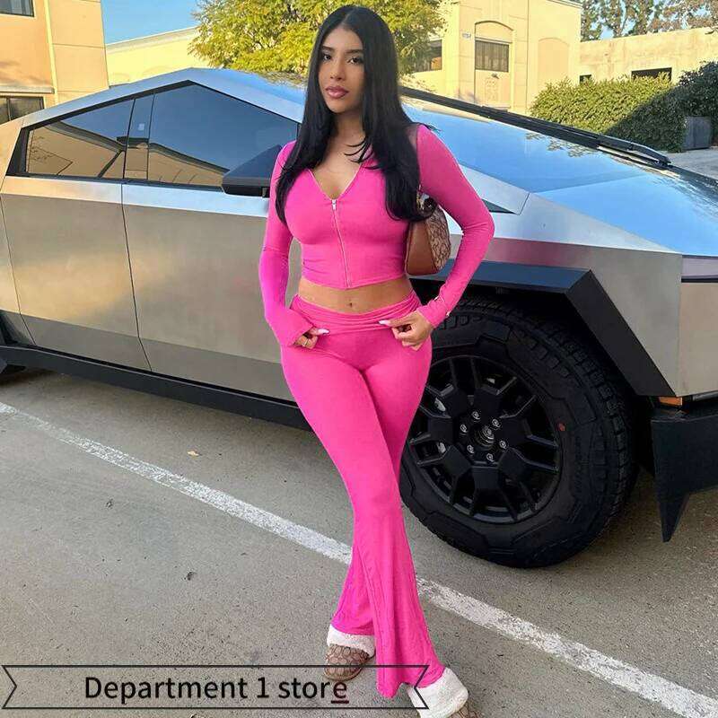 Sexydr Faionable Long Sve Hooded Top Flared Pants Zipper Closure Outfit Polyester Material Spring 2025 Collection 26H0311