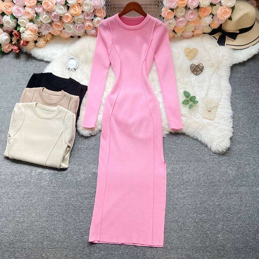 YuooMuoo Ins Hot Split Sexy Wrap Hips Knitted Dresses Women 2025 Autumn Winter Long Sleeve Bodycon Sweater Dress Streetwear Robe Z260311