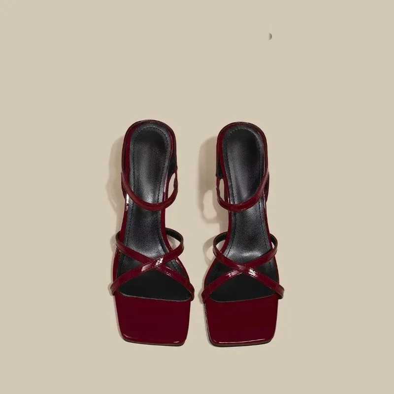 New Wine Red High Heels Sandals for Women Square Toe Bowtie Decor Summer Outdoor Slippers Woman Thin Heeled Party Wedding Shoes K260311