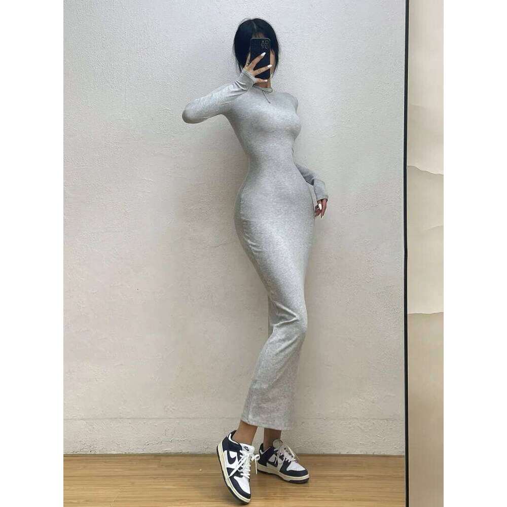 WOMENGAGA Simple Dress Round Neck Long Sleeve Tight Slim Maxi Dresses Elegant Fashion Korean Women Robe DEH8 Z260311