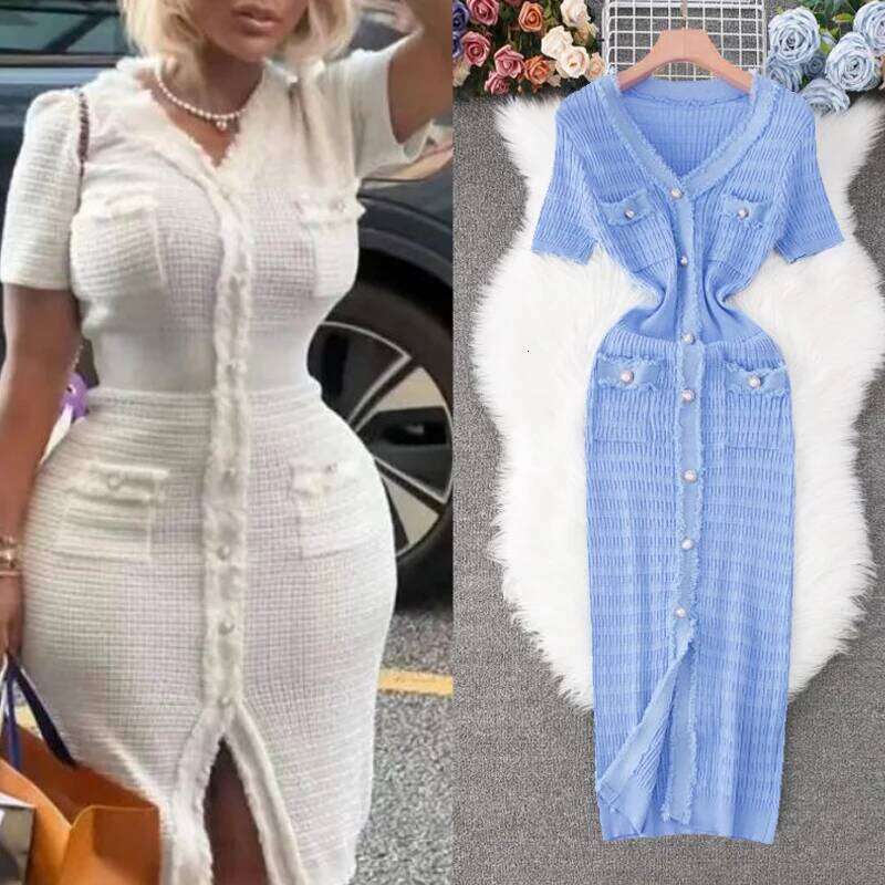 YuooMuoo 2026 New Arrival Women Knitted Long Elegant V-neck Single-breasted Split Sweater Dress Office Lady Vestidos Z260311