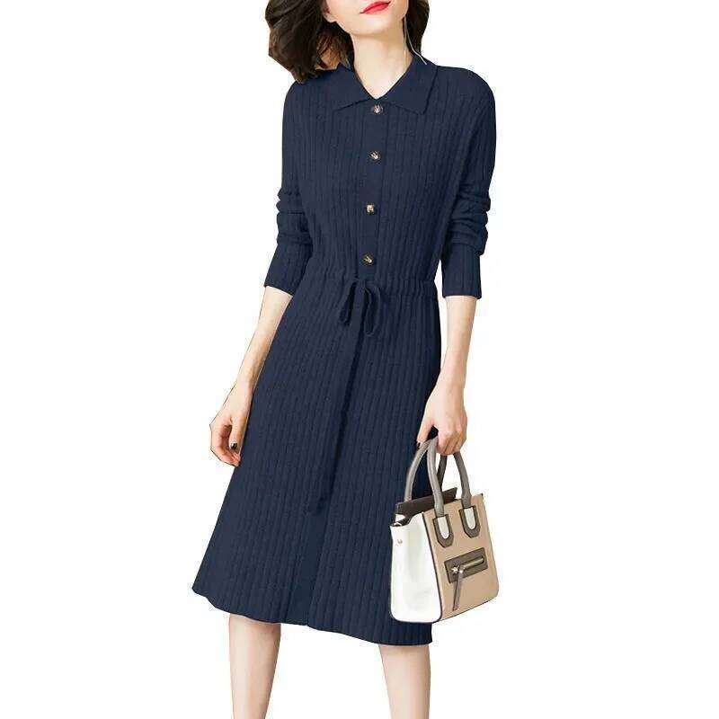 Loose Pullover Sweater Lace-UP 2025 New Spring Size XXXL High-End Turn-Down Collor Long Knitted Women's Autumn Dress Z260311