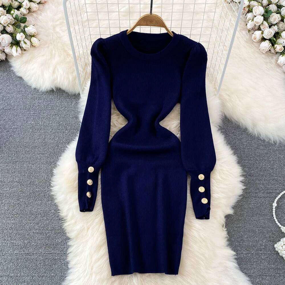 New Bottons Sexy Knitted Dress Elegant Long Sleeve Slim O Neck Fashion Ladies Party Bodycon Sweater Midi Dresses Z260311