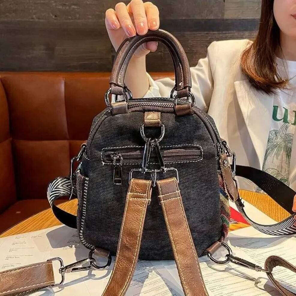 OLOEY Denim Small Backpack New Contrast Color Women Bag Retro Ethnic Style Embroidered Multifunctional Bagpack Crossbody Bolsa