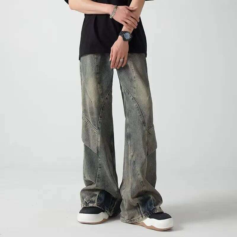 2024 Cyber Y2K Streetwear Old Blue Baggy Flare Jeans For Men 90S Vintage Clothes Harajuku Fashion Cotton Long Trousers Z260225