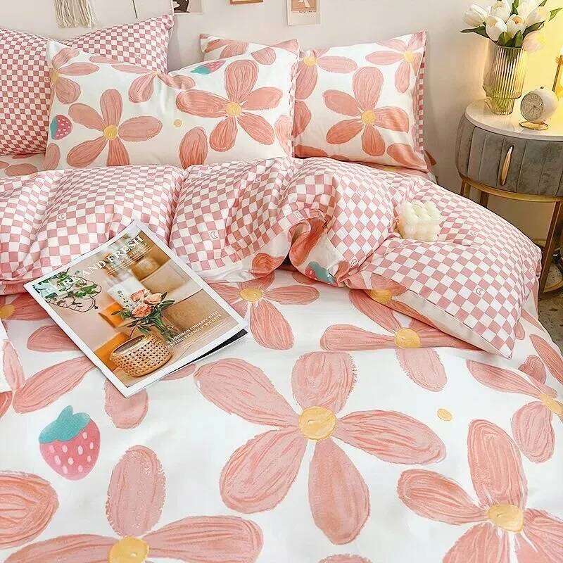 Kawaii Bedding Set Kids Adult Flat Sheet Duvet Cover Pillowcase Single Double Full Size Bed Linen Floral Cherry Home Textile H260311