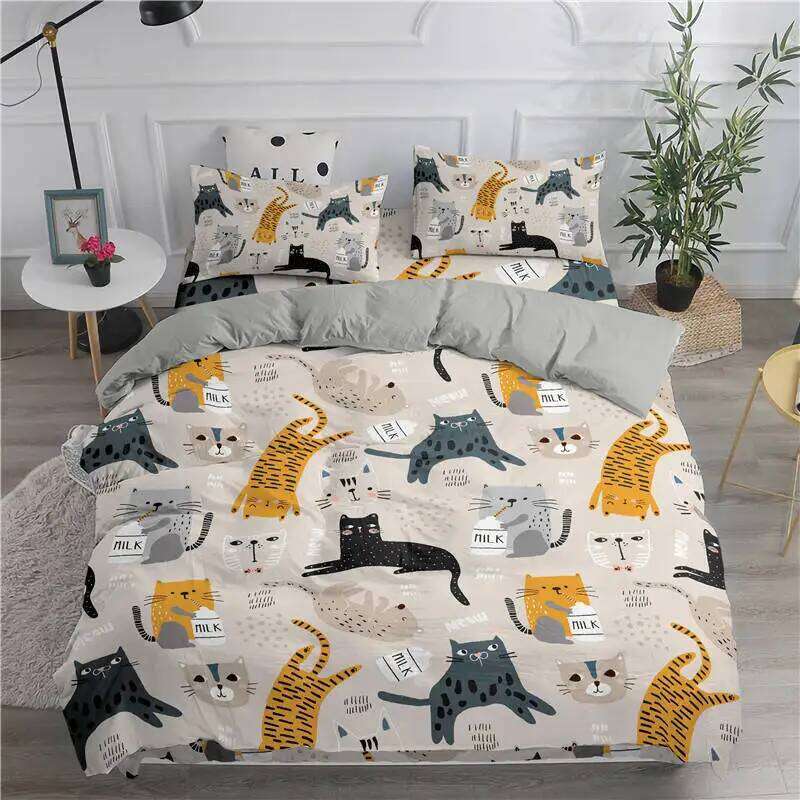 Cartoon Bedding Cute Cats Printed 3D Duvet Cover Set Twin Full Queen King Double Size Pillowcase Bedclothes 2/3pcs for Kids H260311