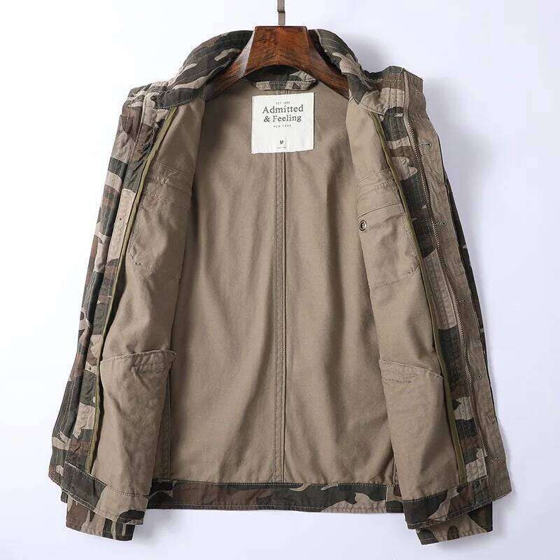 New Arrival Denim Retro Cargo Jacket For Men Outdoor Multi Pockets Camo Casual Fashion Hiking Coats Uniform Stand-up collar Coat 26H0311