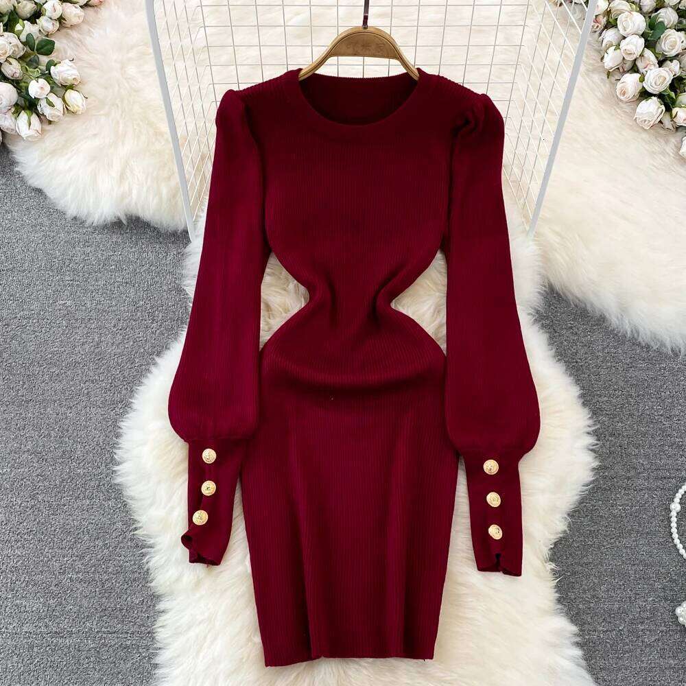 New Bottons Sexy Knitted Dress Elegant Long Sleeve Slim O Neck Fashion Ladies Party Bodycon Sweater Midi Dresses Z260311