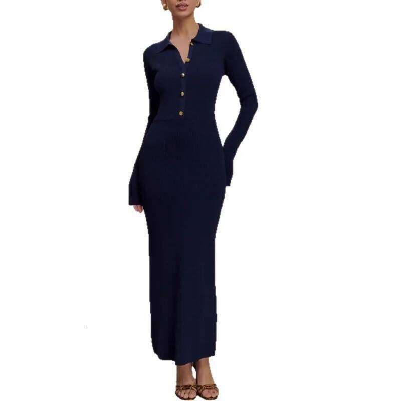 French Autumn and Winter Knitted Dress Women's Slim Fit Button Comfortable Temperament Elegant Sleeved Versatile Long Skirt Z260311