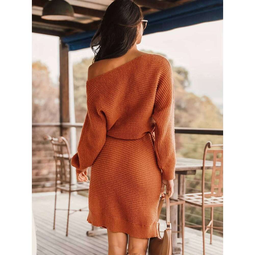 Women's Plain Tie Front Batwing Sweater Dress, Elegant Asymmetrical Neck Long Sleeve Knit Dress for Fall and Winter Z260311