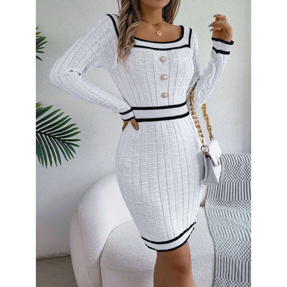 Autumn Winter Casual Elegant Square Collar Button Decoration Knitted Long Sleeve Bodycon Dress for Women Z260311
