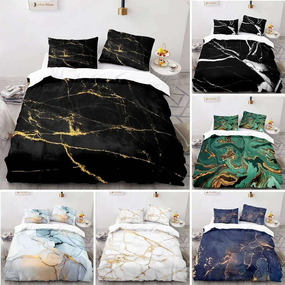 Black Gold Metallic Marble Duvet Cover Queen/King/Full/Twin Size Foil Print Glitter Bedding Set for Teen Boy Girls Men Women H260311