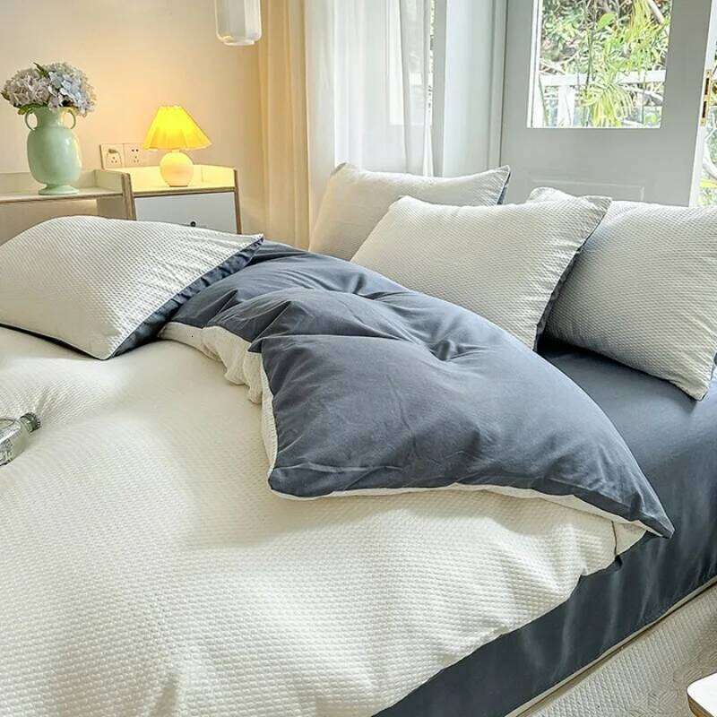 2025 new solid color cloud double spell three-piece set, student dormitory AB version waffle washed cotton four-piece set H260311