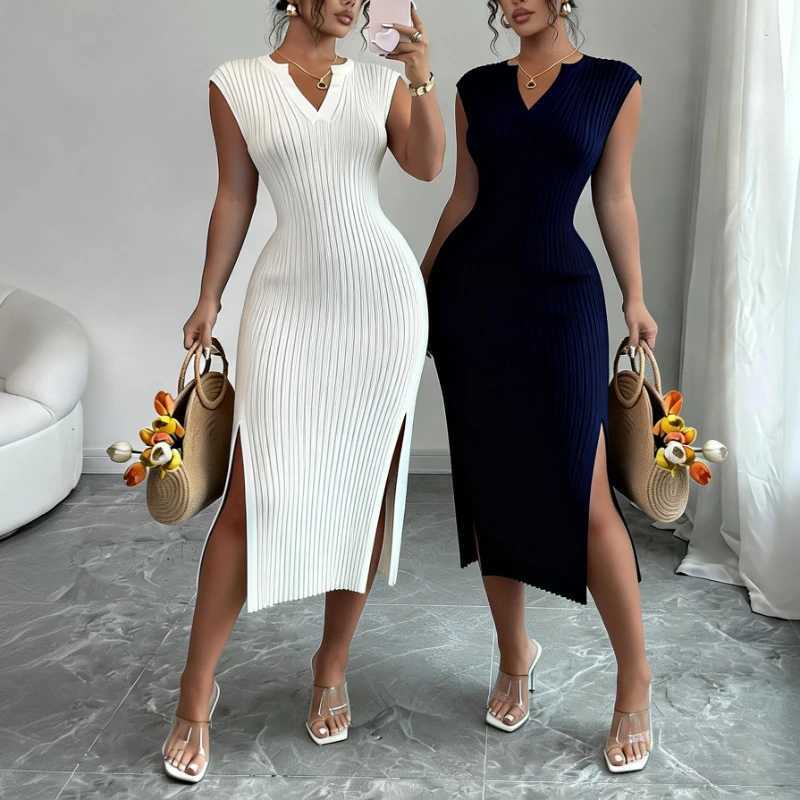 Womens White V-Neck Sleeveless Elastic Sundress Knit Bodycon Maxi Dress Solid Side Slit Casual Summer Daily Party Long Dress M260311