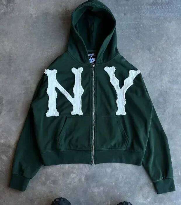 European and American Trendy Brand Fashion Jacket Letter Embroidered Oversized Hoodie Men Y2k Harajuku Retro Zipper Sweatshirt 26H0311