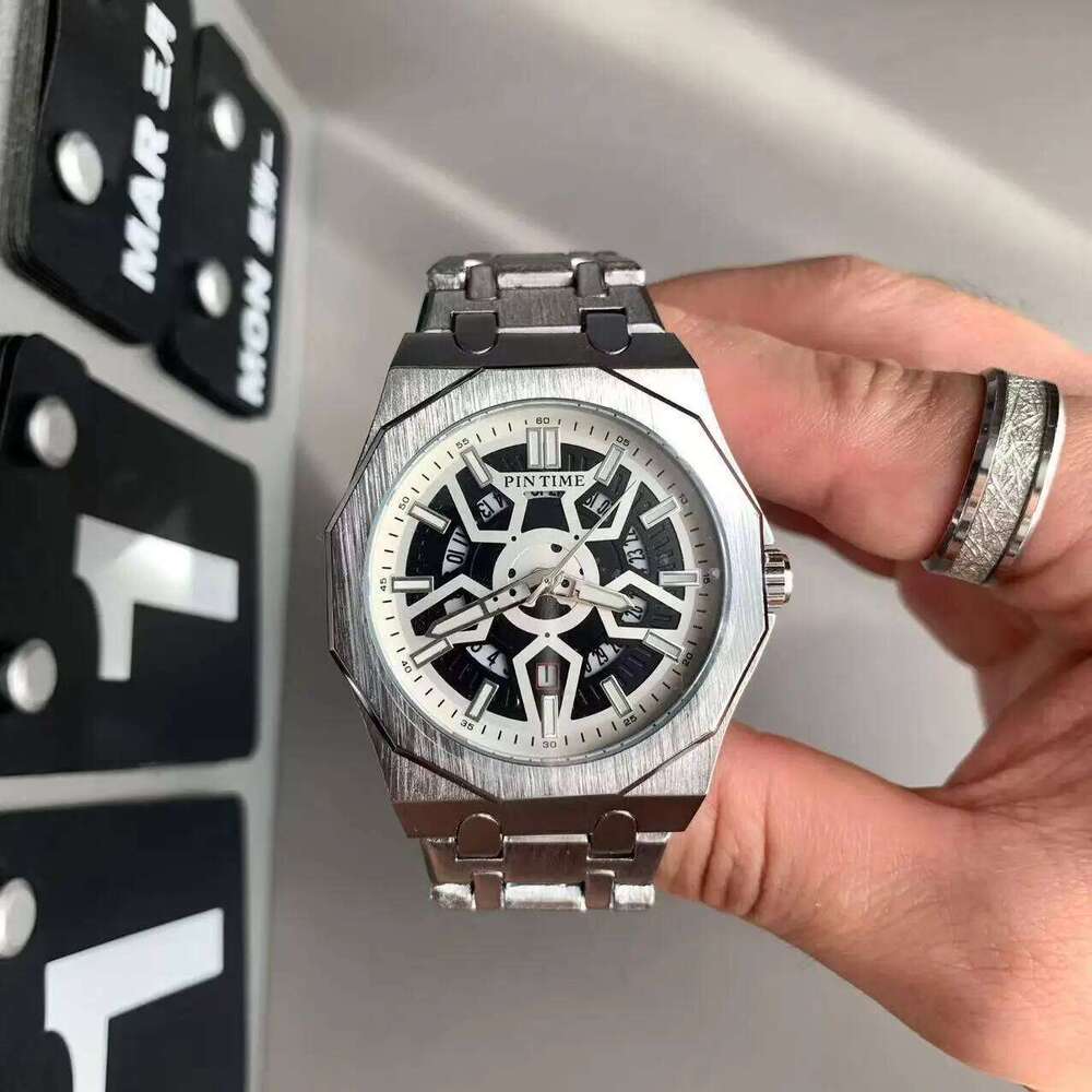 Men's Fashionable Mechanical Style Skeleton Octagonal Calendar Quartz Watch with Steel Bracelet Unisex Timepiece Men gift