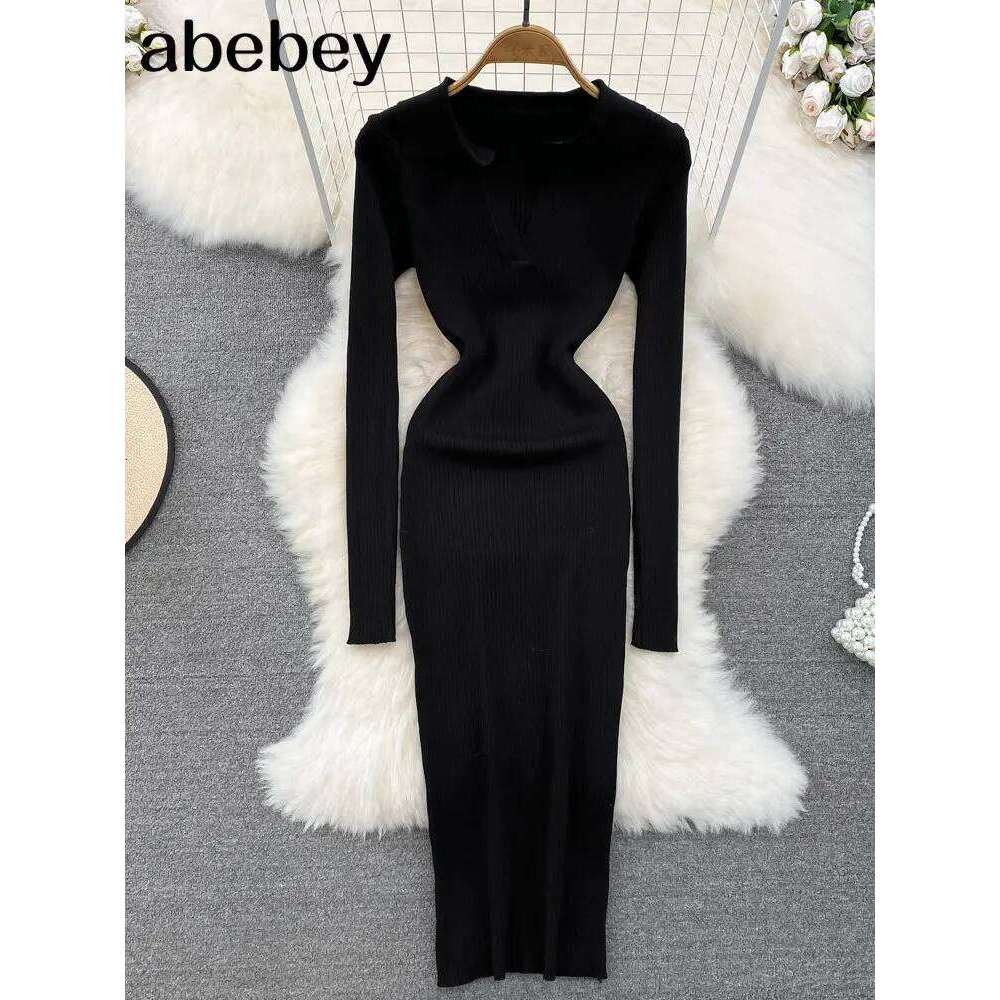 Women Korean Knitted Long Sleeve V Neck Elastic Slim Pencil Dresses 2026 Autumn Sexy Bodycon Sweater Dress Z260311