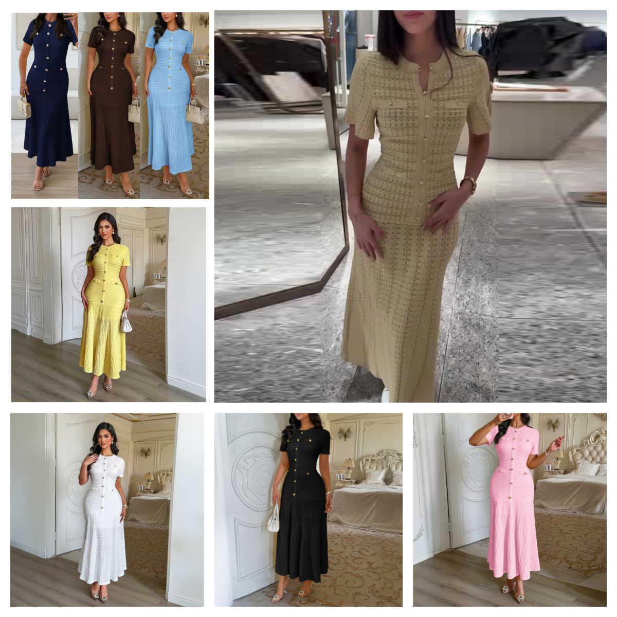 Casual Dresses 2026 Spring Fashion Beige Temperament Knit Long Dress Women Elegant O-neck Hollow-out Short Sleeve Slim Robe Ladies