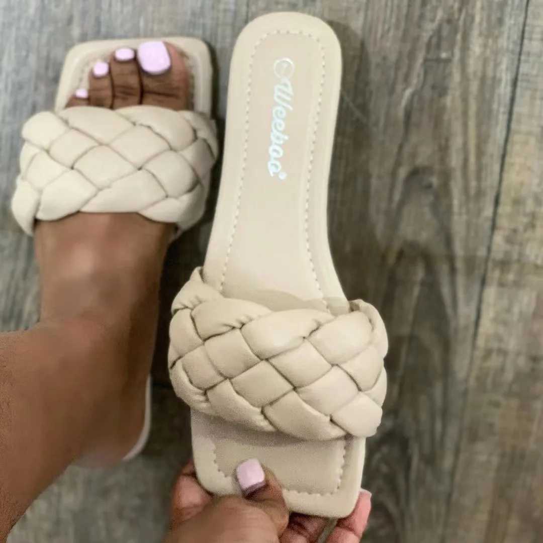 2024 summer women new square head flat bottom woven in-line womens large size beach sandals/ all-match leisure K260311