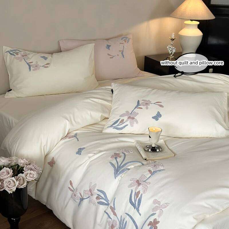 3pcs Elegant Embroidered Orchid Duvet 1*Duvet Cover + 2*Pillowcase, Without Core, Lace embroidery Bedding Set H260311