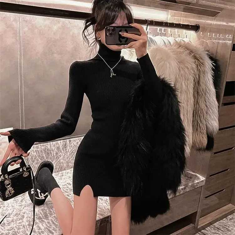 Knitted Dress Winter New Style Slit Lining High Collar Bodycon Skirt Slimming Short Dress M260311