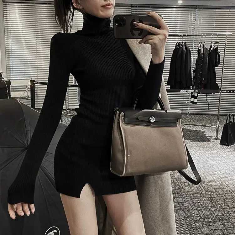 Knitted Dress Winter New Style Slit Lining High Collar Bodycon Skirt Slimming Short Dress M260311