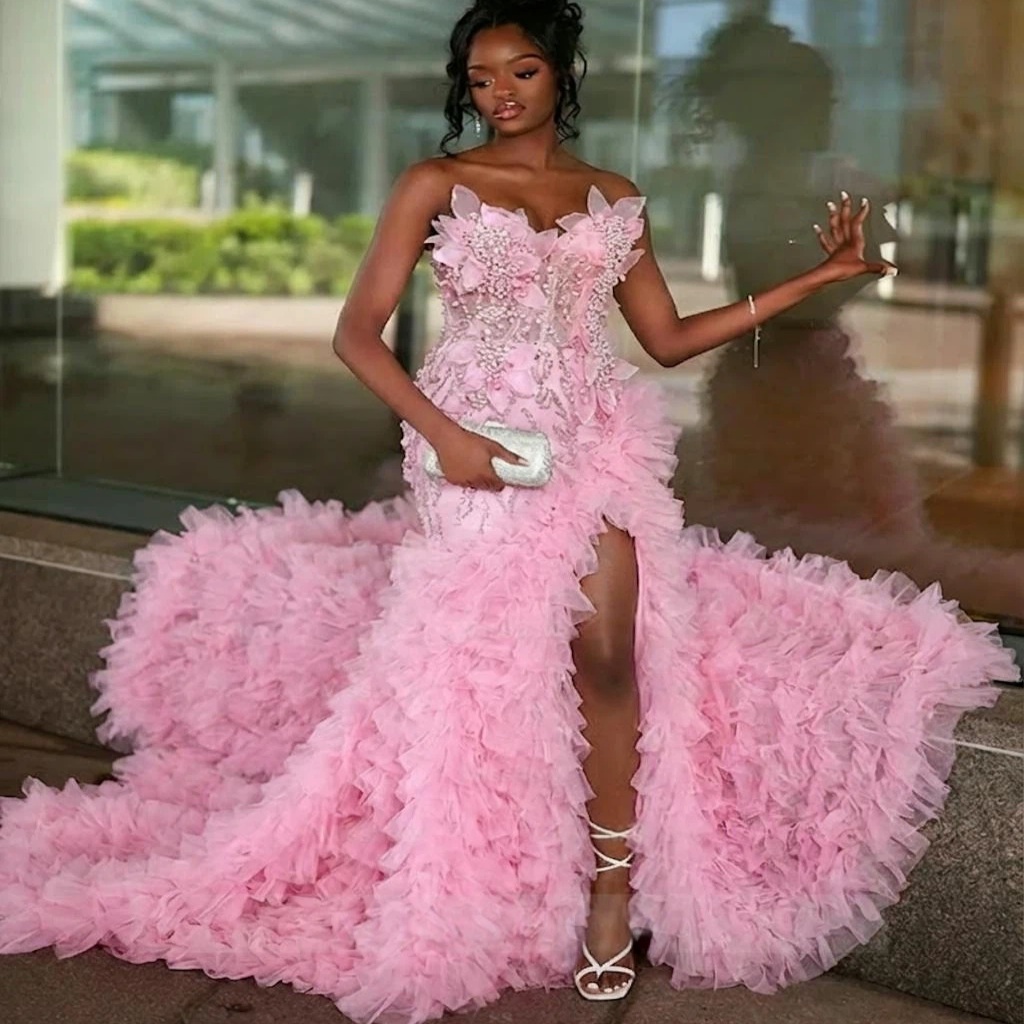 2K26 Pink Prom Dress 2026 Mermaid Prom Dress Florals Pearls High Split Tiers Evening Dresses Birthday Party Formal Receiption Gowns Dresses ZJ080