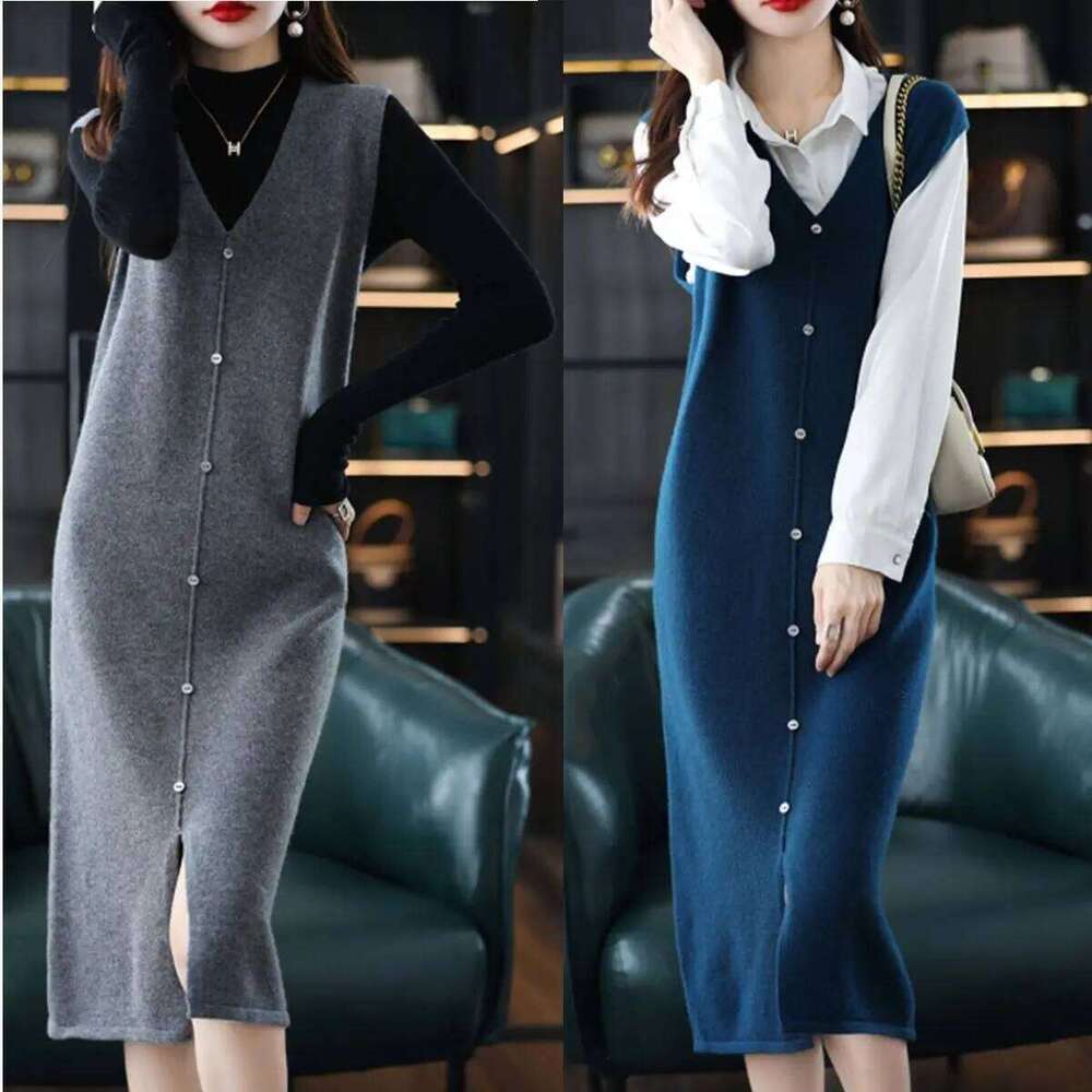 Medium to Long Sleeveless Knitted Knee Length Autumn Winter V-neck Solid Dress Stylish Sweater Vest Skirt Z260311