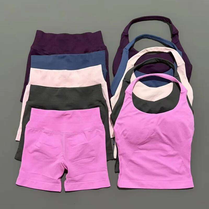 2 Pcs HISTELLO Halter Top Strappy Bra Shorts Set Women Yoga Workout Clothes Seamless Vest Hip-Lifting Sports Leggings Gym Suit 26H0311