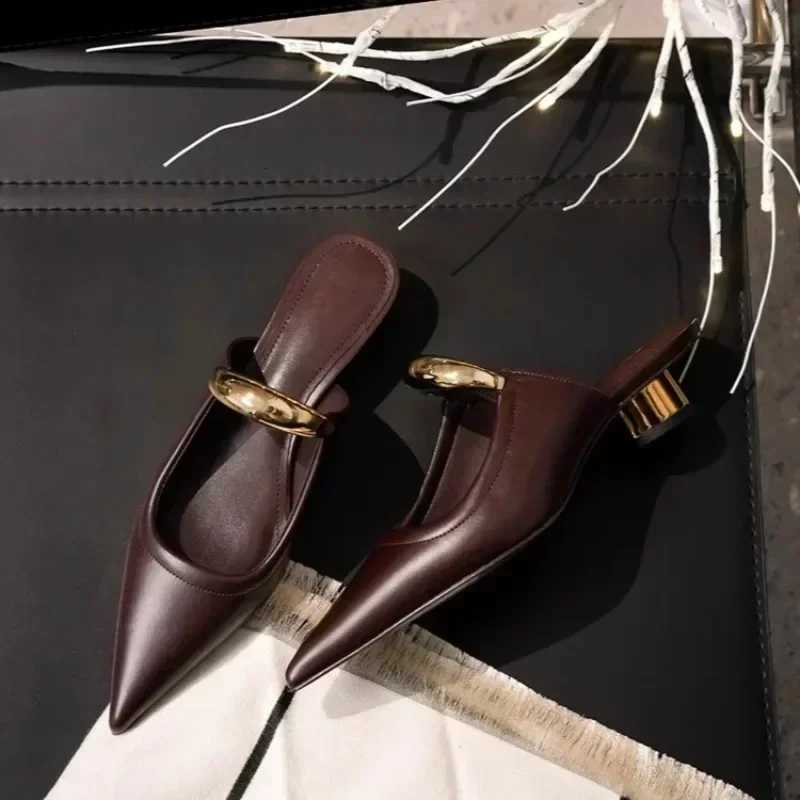 Punk Gothic Metal Low Heels Sandals Women 2025 New Pointed Toe Thick Heeled Summer Slippers Woman Platform Muller Shoes K260311