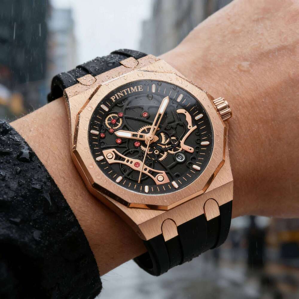 Premium Luxury Sports for Men Water Resistant Automatic Mechanical Stone Style Timepiece Men's Wristwatch Retro Watch