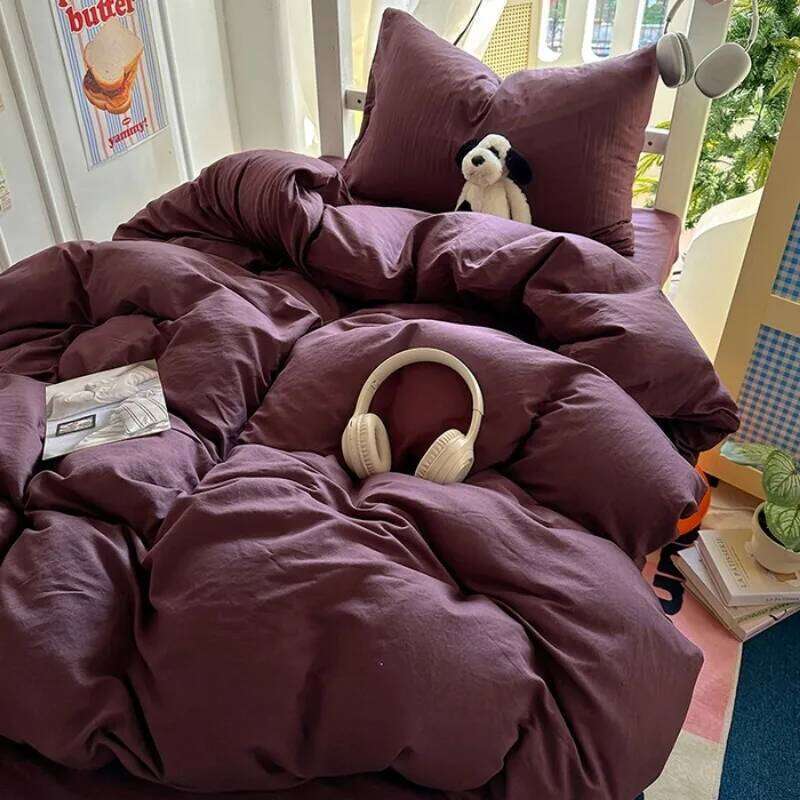 2025 new solid color simple washed cotton bed sheet four-piece machine washable student dormitory three-piece set H260311