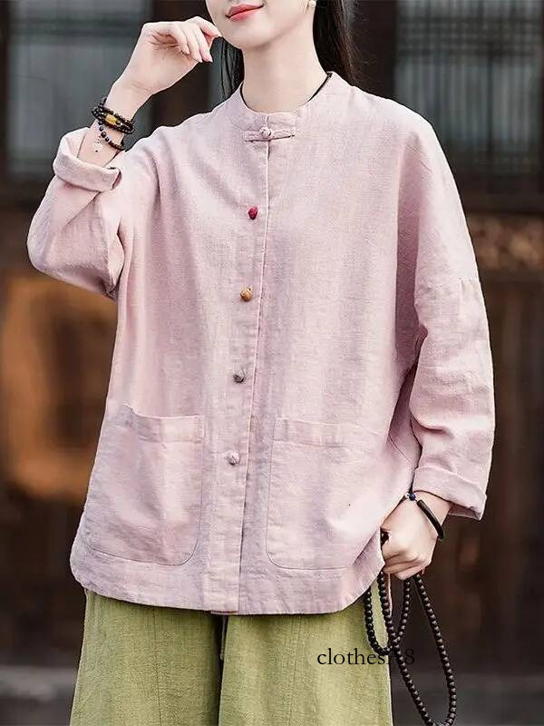 Retro Chinese Artistic Long Sve irt Women's Cotton Linen Autumn Spring Stand Collar Button up Cardigan Casual Loose Fit