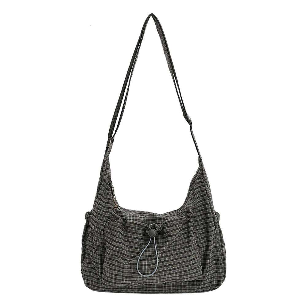 Women Checkered Sling Nylon Drawstring Crossbody Large Capacity Pleated Cloud Shoulder Bag Shopping Date Handbag XJ260311