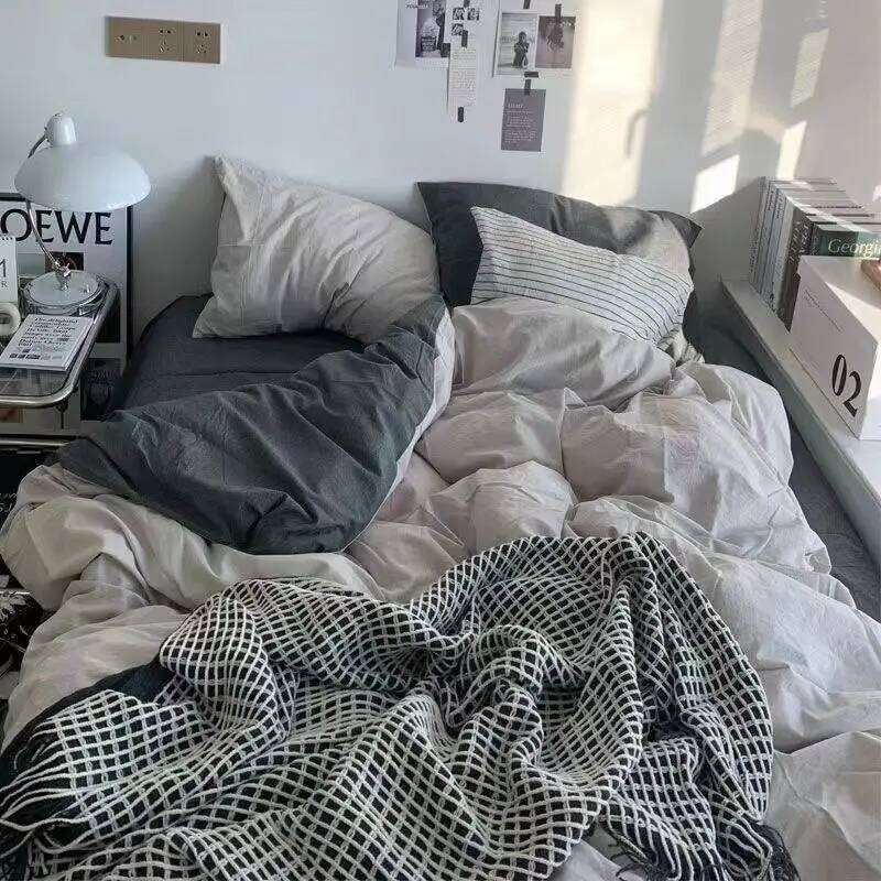 Simple Bedding Set Plaid Sold Color Single Queen Size Duvet Cover No Filling Boys Girls Flat Sheet Pillowcase Kit H260311 - view 4