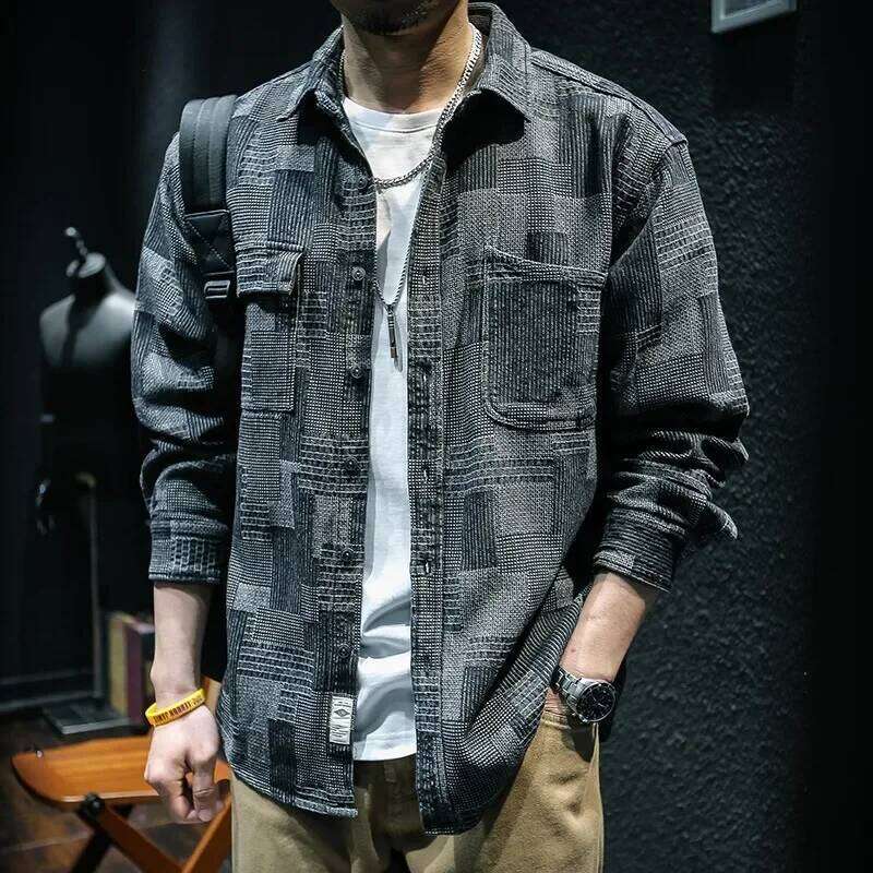 Retro Plaid Long Sleeved Denim For Fashion Loose Cargo Shirt Jacket Coat Y2k Streetwear Korean Trend Men Clothing 26H0311