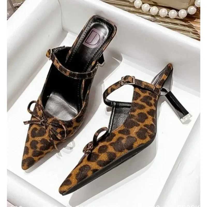 Elegant Leopard Mid Heels Bow Fashion Sandals 2025 Summer Pointed Toe Sexy Pumps Women Shoes Dress Designer Zapatillas K260311