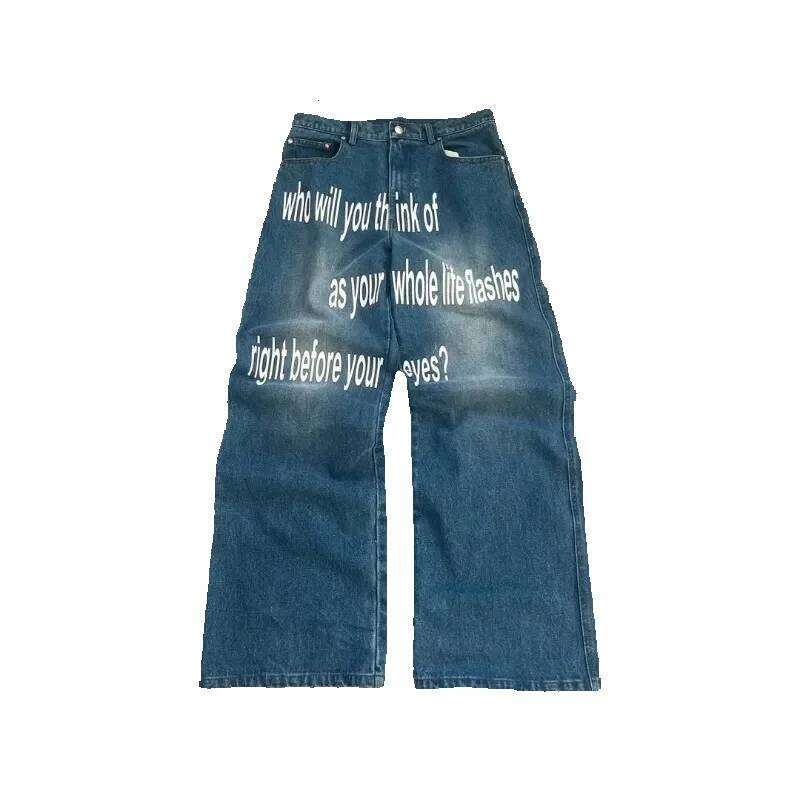 Men's Jeans Pants Gothic Blue Denim Embroidery Harajuku Wide Revival Mens Jeans Foliage Bootcut Women Pocket Hip Hop Streetwear Men's Clothi
