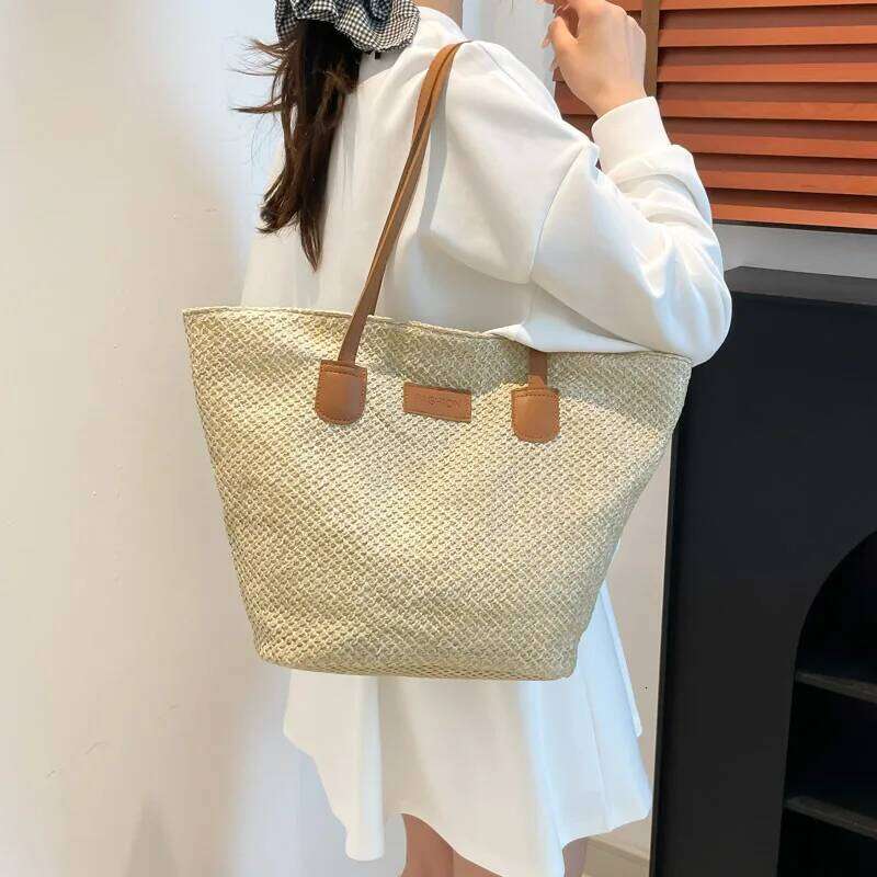 Portable Women's Beach Straw Bag Leisure Commuter Ladies Travel Shoulder Bags Solid Color Simple Female Large Capacity Handbag XJ260311