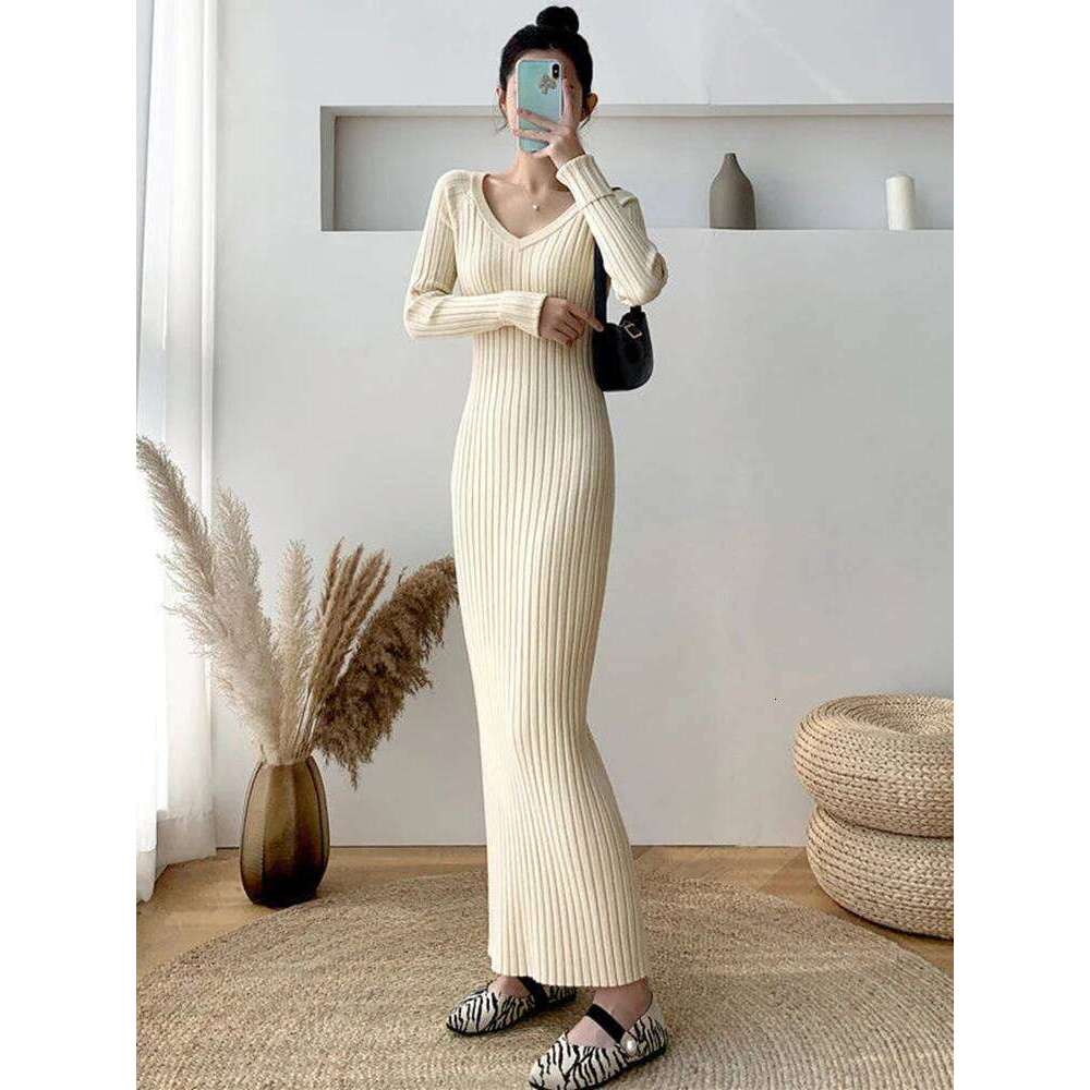 Zoki Elegant Solid Women Knitted Simple Korean Slim Long Sleeve Ankle Length Casual V Neck Office Ladies Chic Dress Z260311