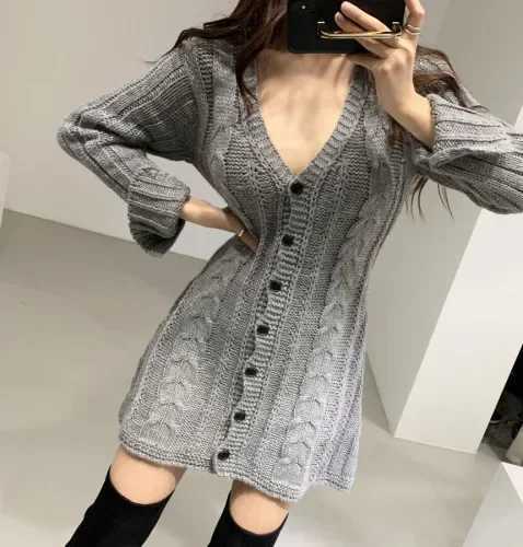 Sweater Dress for Women Long Sleeve Cable Knit Button Down Fitted Mini Dress Teen Fall Winter RETRO 90s Outfit M260311