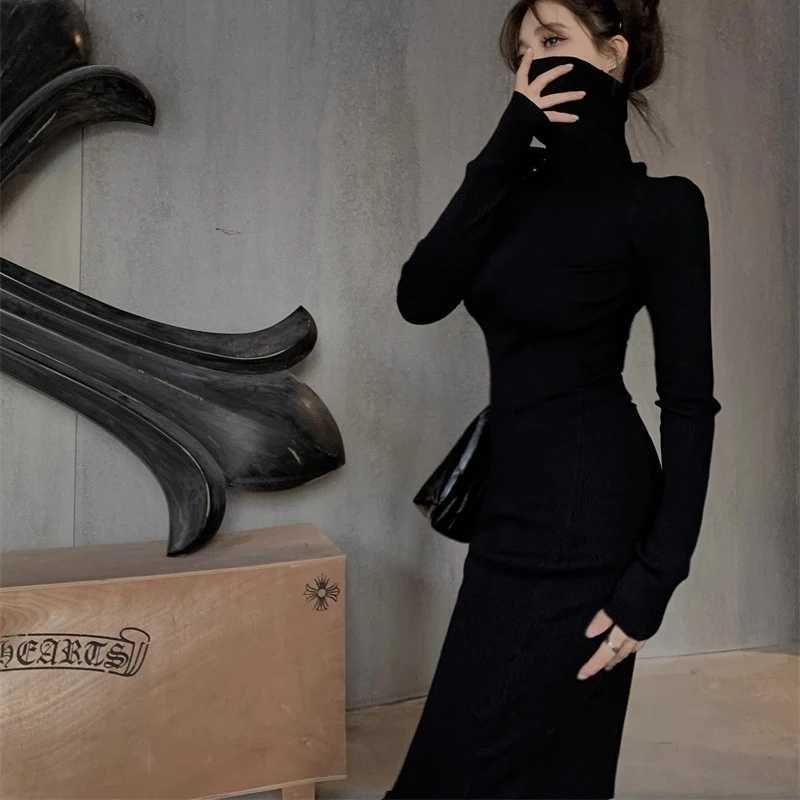 Sexy Black Turtleneck Knitted Bodycon Dress Women Long Sleeve Sweater Dress Woman Korean Bottoming Long Dresses Office Lady M260311