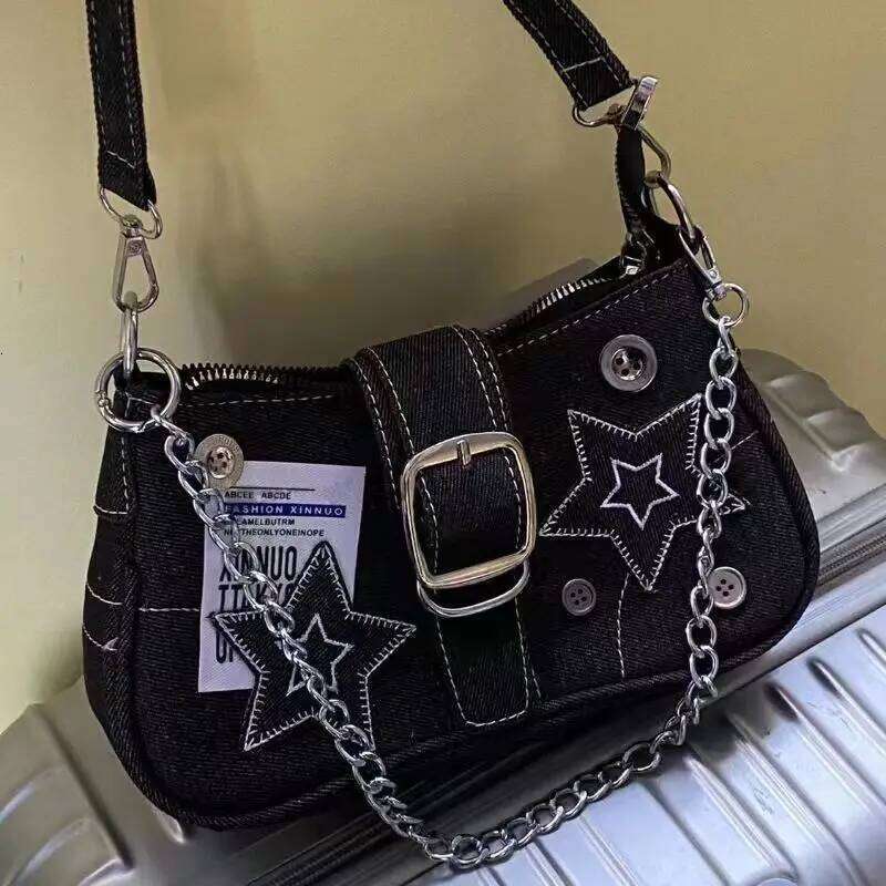 Trendy Star-Patterned Underarm Bag, Fashion Crescent Canvas Handbags with Chain Strap, Denim Handbag Shoulder Bag XJ260311