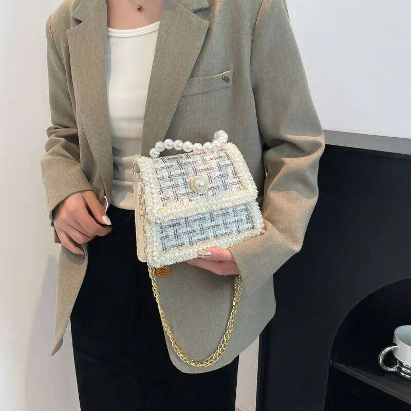 Elegant Beading Chain Ladies Handbags Fashion Plaid Women's Shoulder Bags Small Square Crossbody Bag Simple Female Tote Purse XJ260311