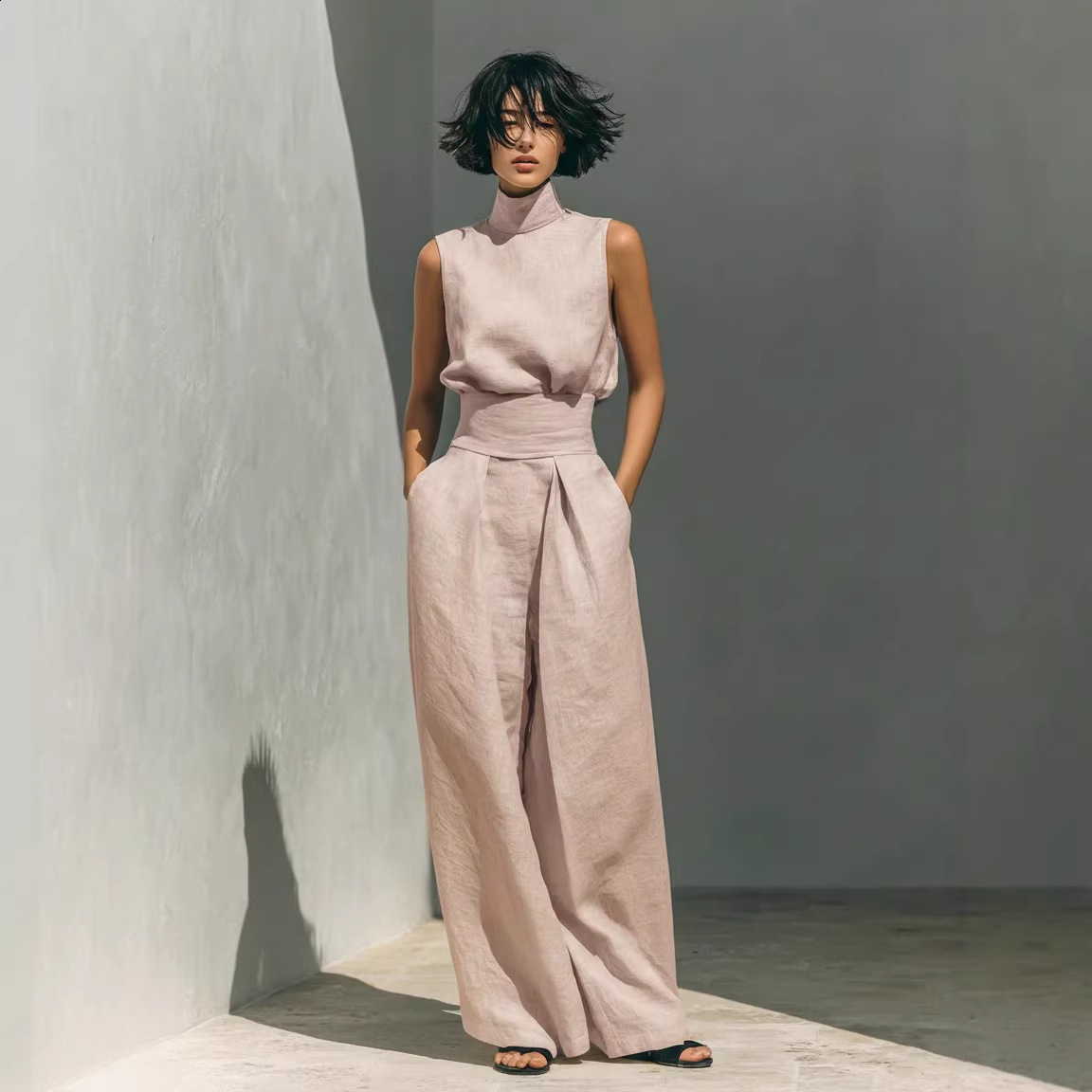 2026 Spring New Solid Color Elegant Womens Simple Cotton-Linen Blend Sleeveless Top and Wide-Leg Pants 250217