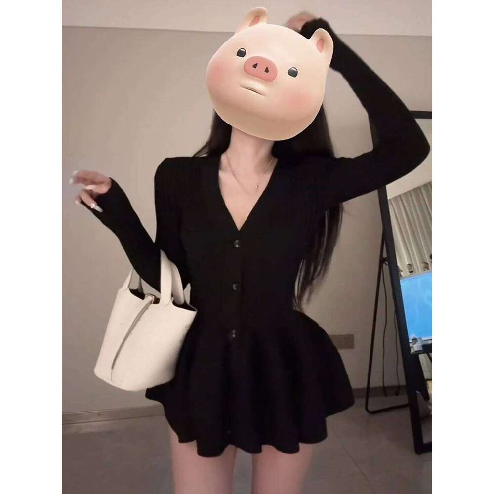 Vintage Elegant Dress Long Sleeve V-neck Knitted Dresses Women Casual Single Breasted Slim Fit Autumn Korean Sexy Style Skirt Z260311