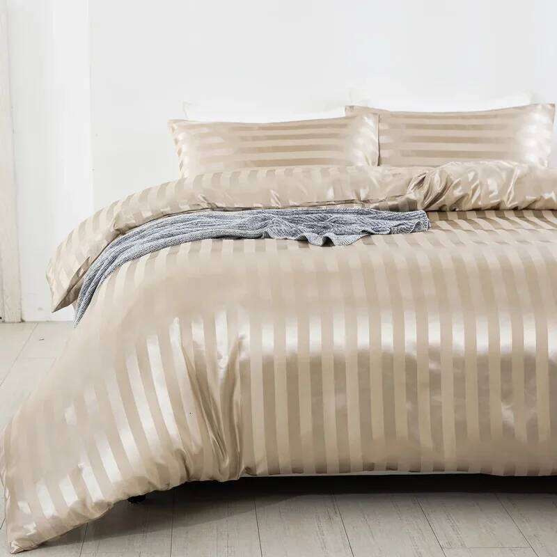 Satin Striped Twin/Full/Queen/King/Single/Double Size Set, Silky Like Khaki Stripe Duvet Cover Bedding Set H260311