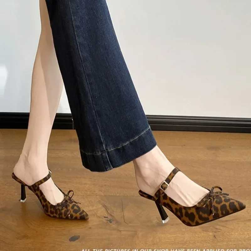 Elegant Leopard Mid Heels Bow Fashion Sandals 2025 Summer Pointed Toe Sexy Pumps Women Shoes Dress Designer Zapatillas K260311