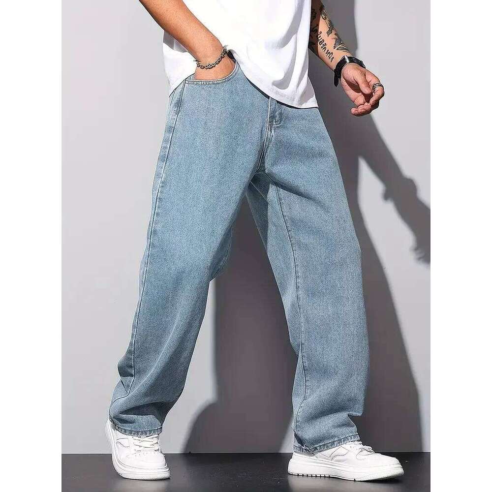 Straight Leg Jeans Light Blue Washed Men's Urban Pants with Soft Finish for Modern Casual Style Wear Z260225